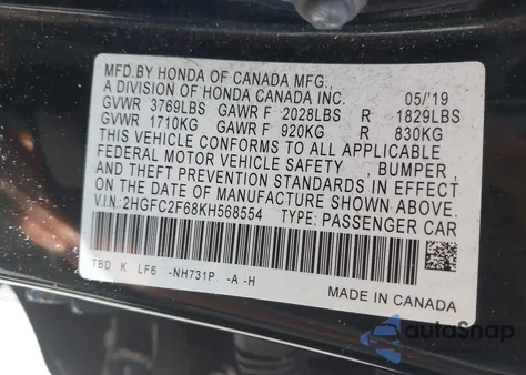 2019 Honda Civic Lx из США, поврежденный, VIN 2HGFC2F68KH568554